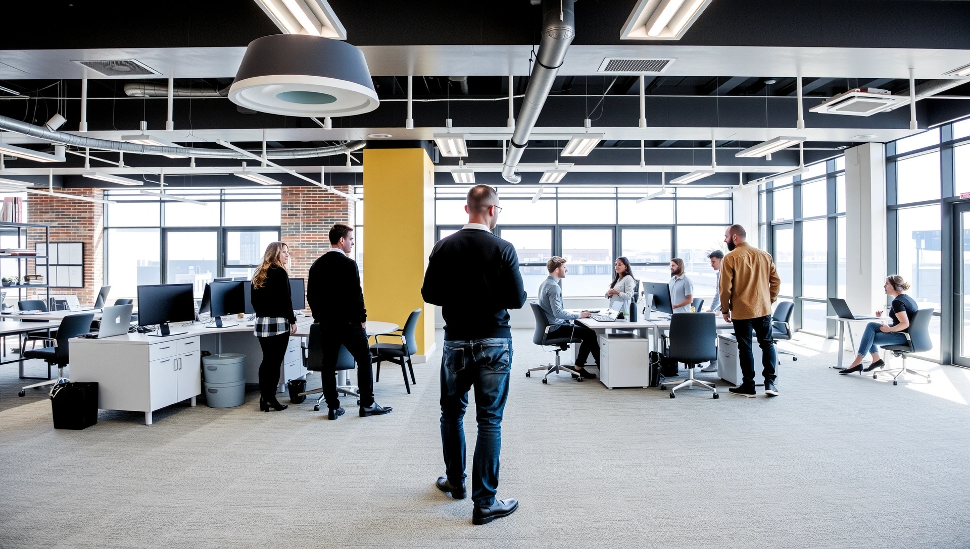 Imagine de fundal cu o echipă lucrând dinamic într-un spațiu modern