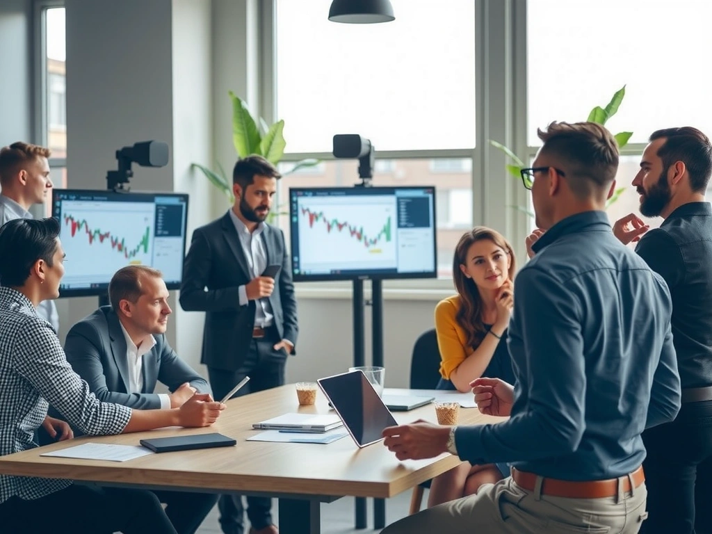 Echipa promoroot într-o ședință de brainstorming, discutând strategii de marketing digital