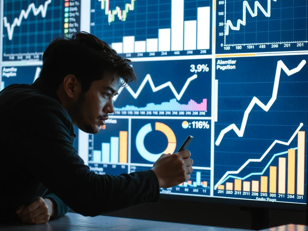 O persoană care privește un ecran mare cu diagrame și grafice, simbolizând analiza datelor și răspunsurile la întrebări