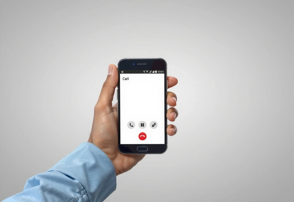 O mână care ține un smartphone, afișând un ecran de apel activ, simbolizând comunicarea directă