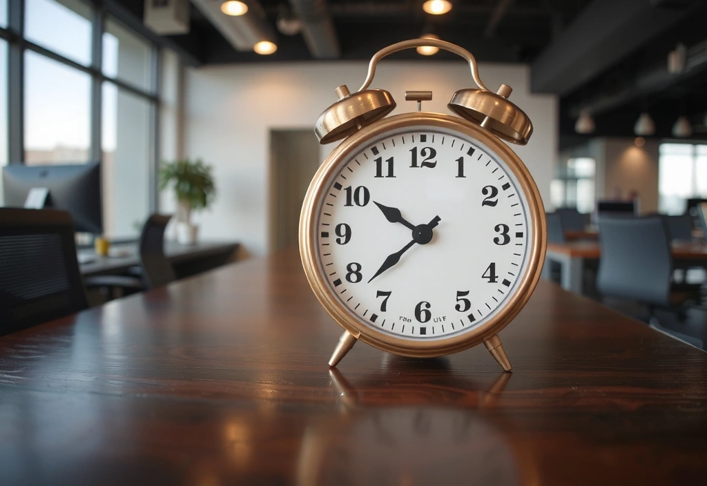 Un ceas de birou elegant pe un fundal estompat de birou, indicând orele de lucru