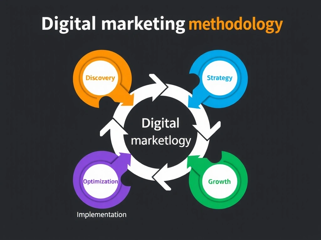 Diagrama schematică a unei metodologii de marketing digital cu etape interconectate, simbolizând un flux de lucru eficient