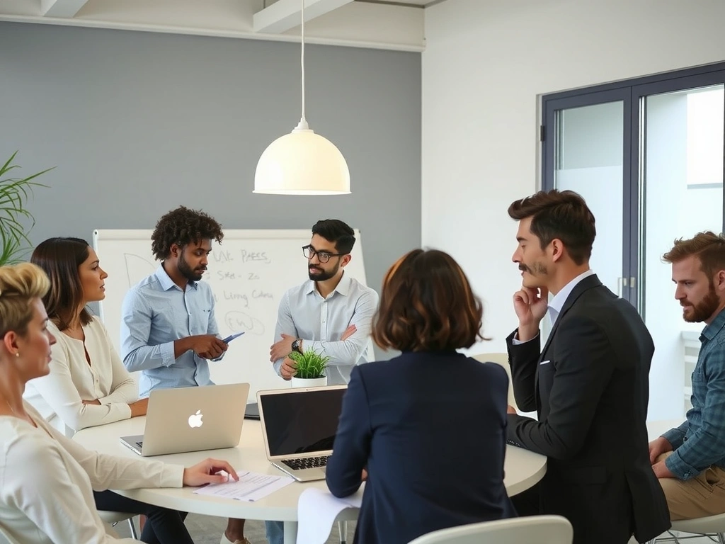 Echipa promoroot.company discutând strategii de marketing digital într-un birou modern și luminos, cu un vibe colaborativ