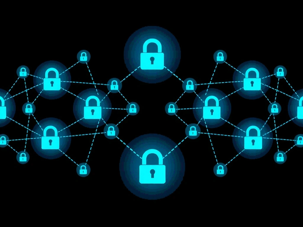 Ilustrație cu un lanț de blocuri interconectate, reprezentând securitatea datelor și criptarea