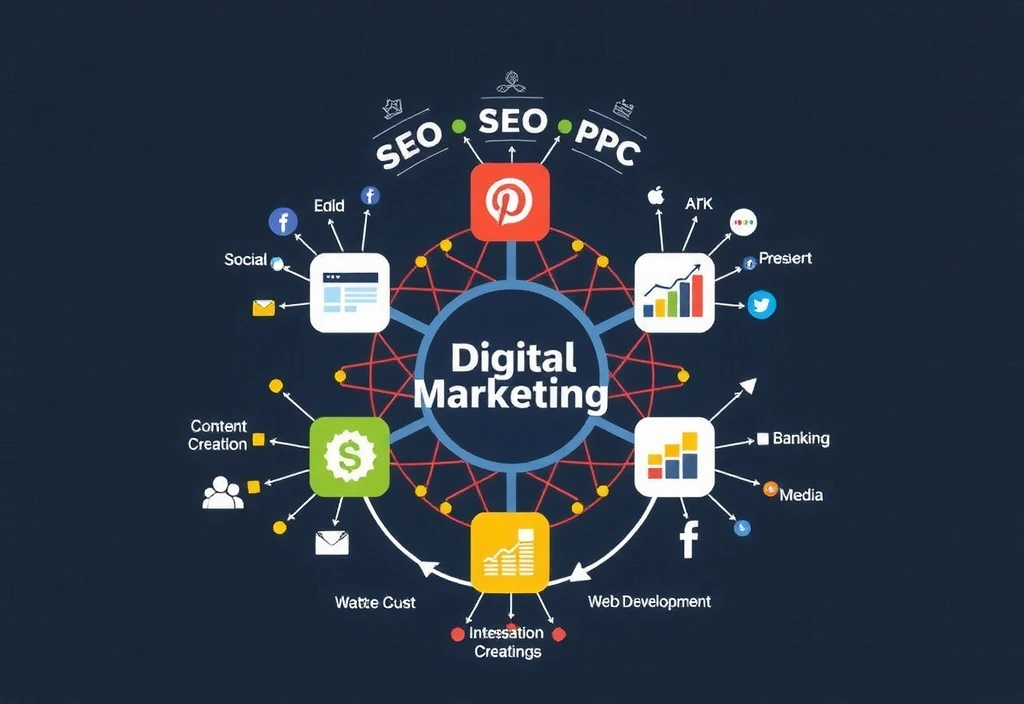 Ilustrație digitală a unui ecosistem de marketing digital cu diverse elemente interconectate
